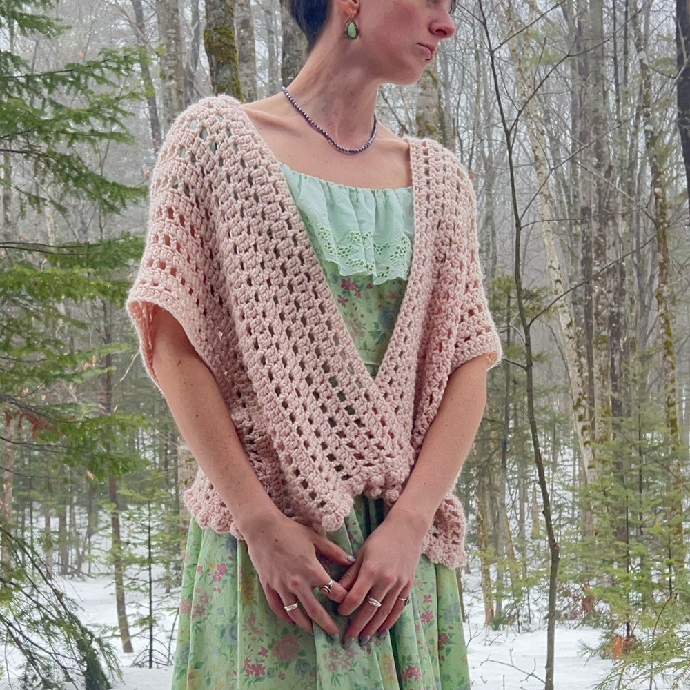SOLD - Loose Knit Crochet Shawl - Handmade-dyed Pink